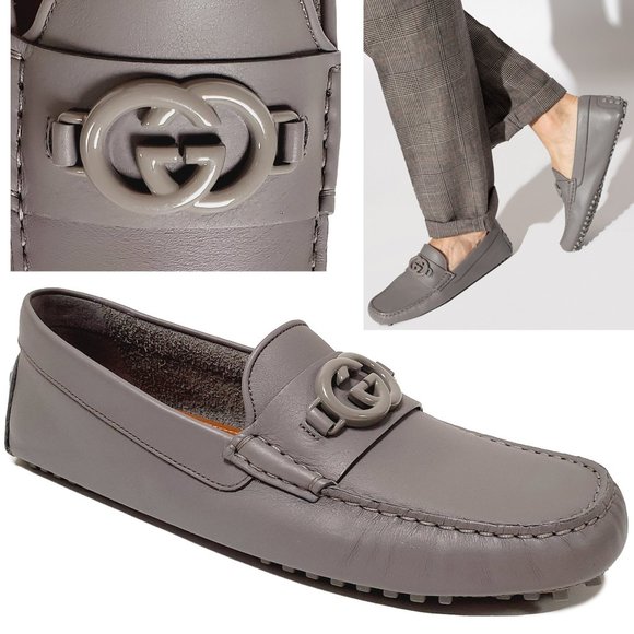 GUCCI SHOES MENS LOAFERS MOCCASINS G LOGO GRAY LEATHER 8.5G 9 - Picture 1 of 15